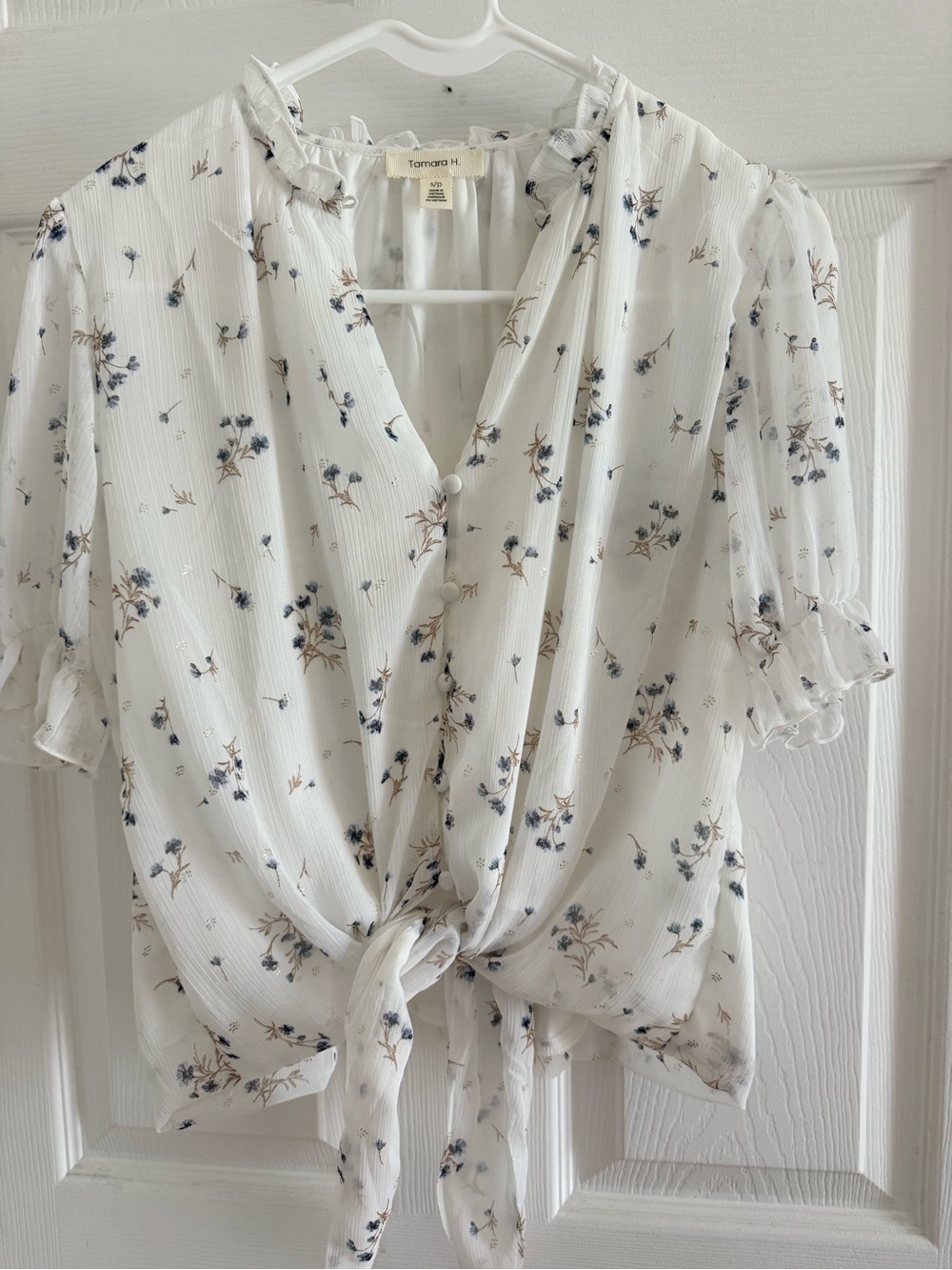 Tamara H. White Floral Tie-Front Blouse